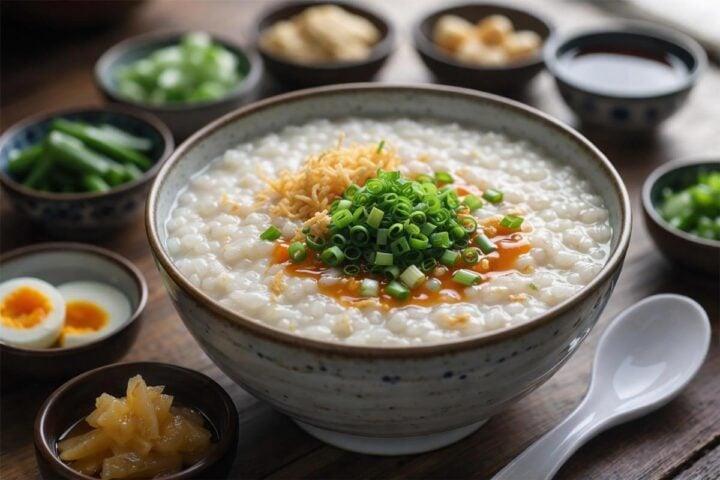 Steaming bowl of yam and millet porridge on an autumn table