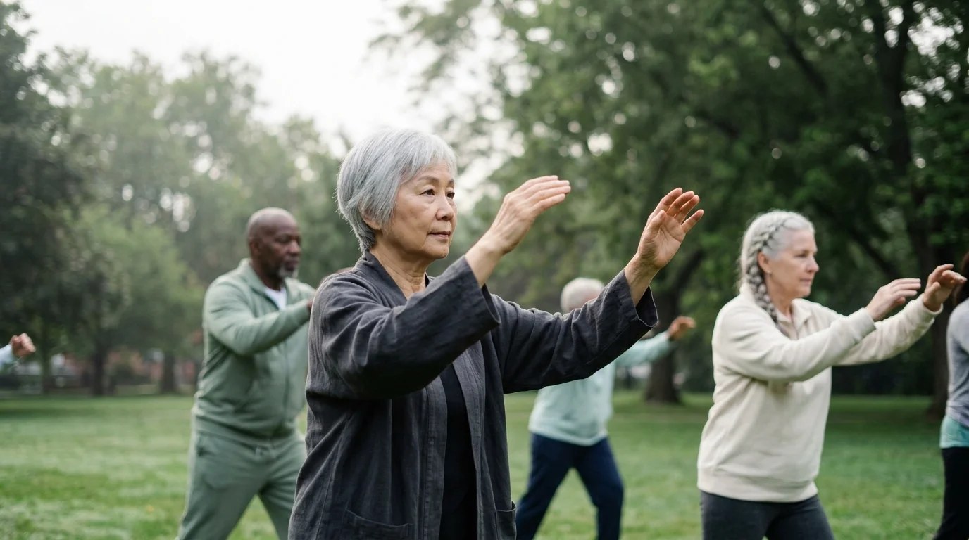 Older adults sunbathing and practicing tai chi in a morning park