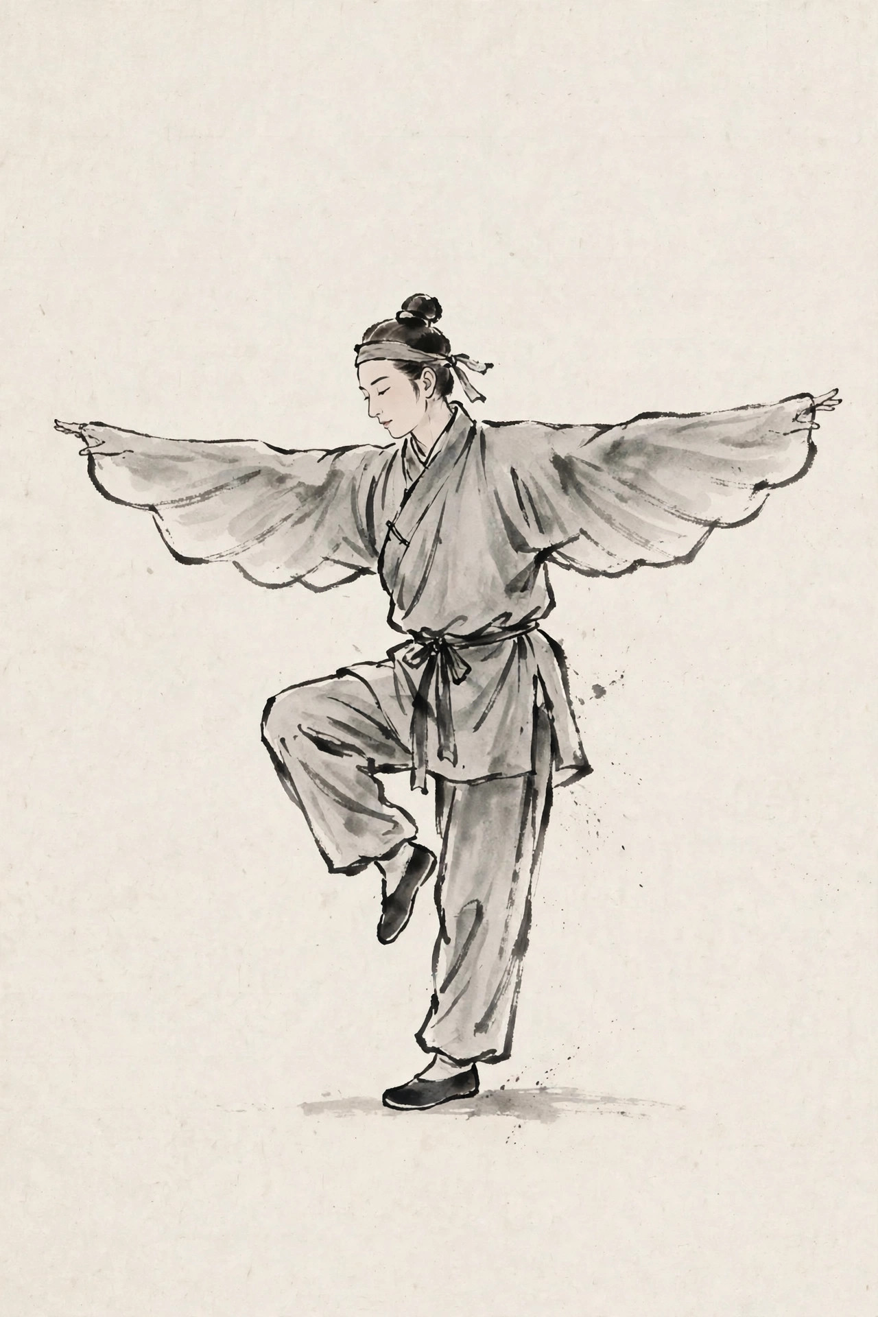 Ink-wash illustration of the wuqinxi bird wing-spreading movement