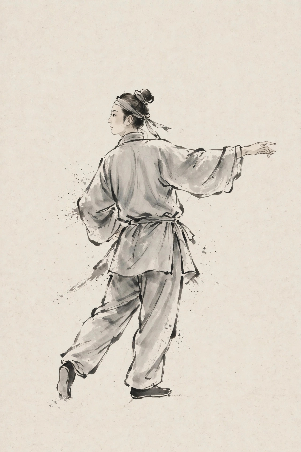 Ink-wash illustration of the wuqinxi deer looking-back movement
