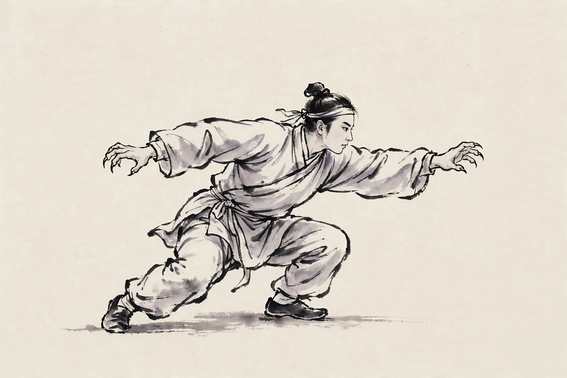 Ink-wash illustration of the wuqinxi tiger pounce movement