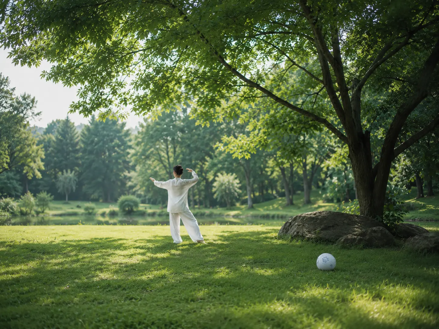 Tai chi practitioner with both hands on the belly, demonstrating abdominal breathing