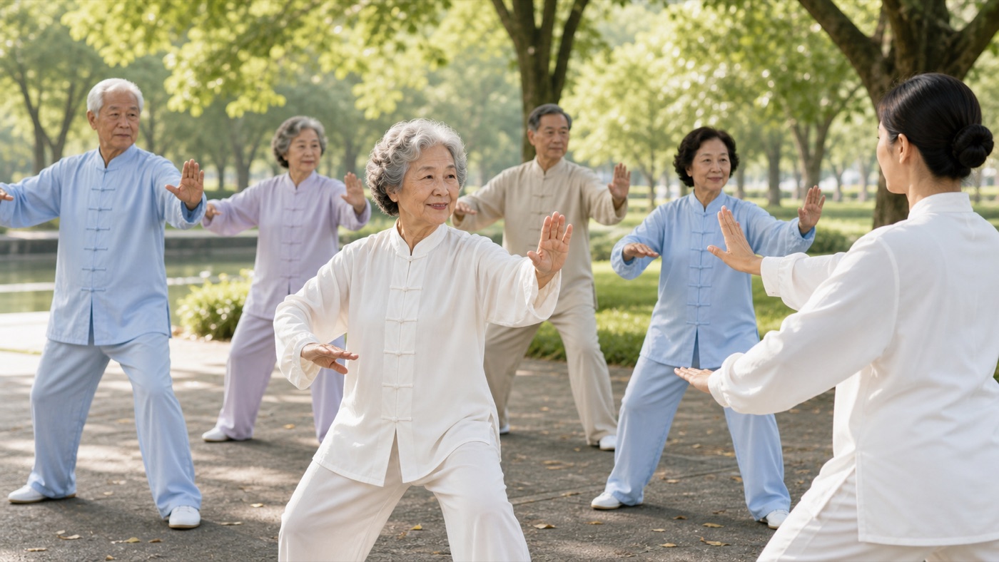 Two tai chi enthusiasts chatting about their practice under a tree, relaxed atmosphere