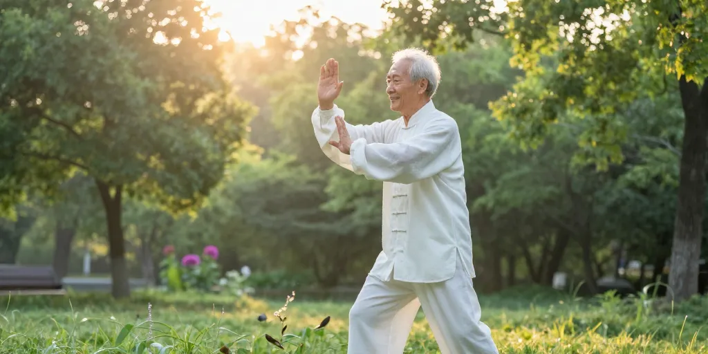 早晨公园里一位中年人在练习太极拳，神情放松