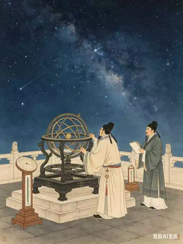 古代钦天监官员推算历法、手持罗盘与历书的工作场景插画