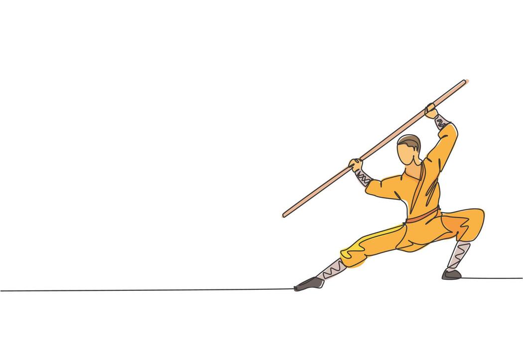 古代武僧持棍练功的线描风格插画