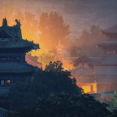 少林寺塔林剪影与夕阳的摄影风格插画