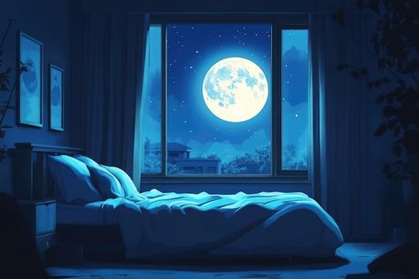 深夜安静的卧室与窗外月光,营造助眠氛围