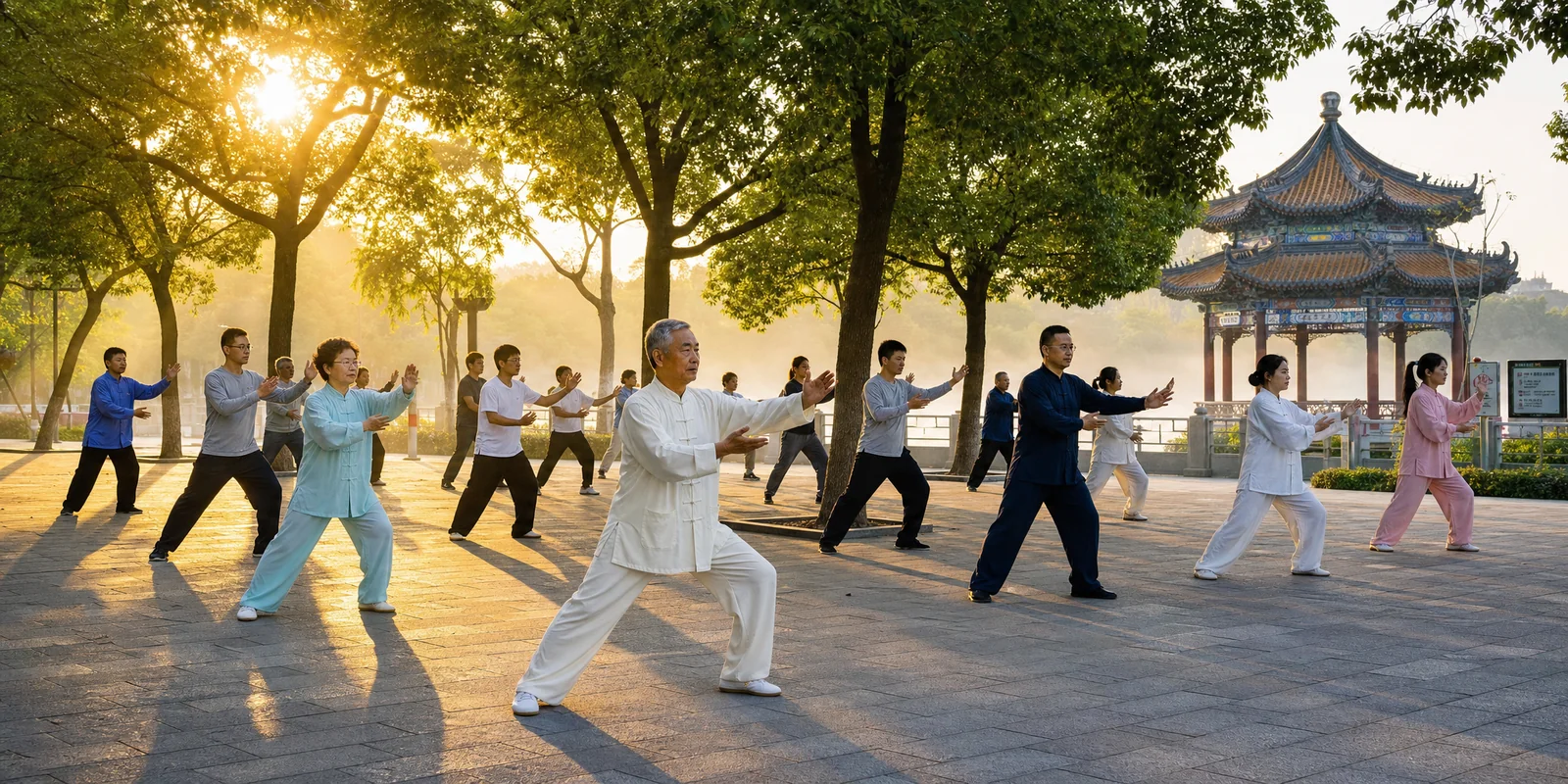 清晨公园里一群人练习太极拳