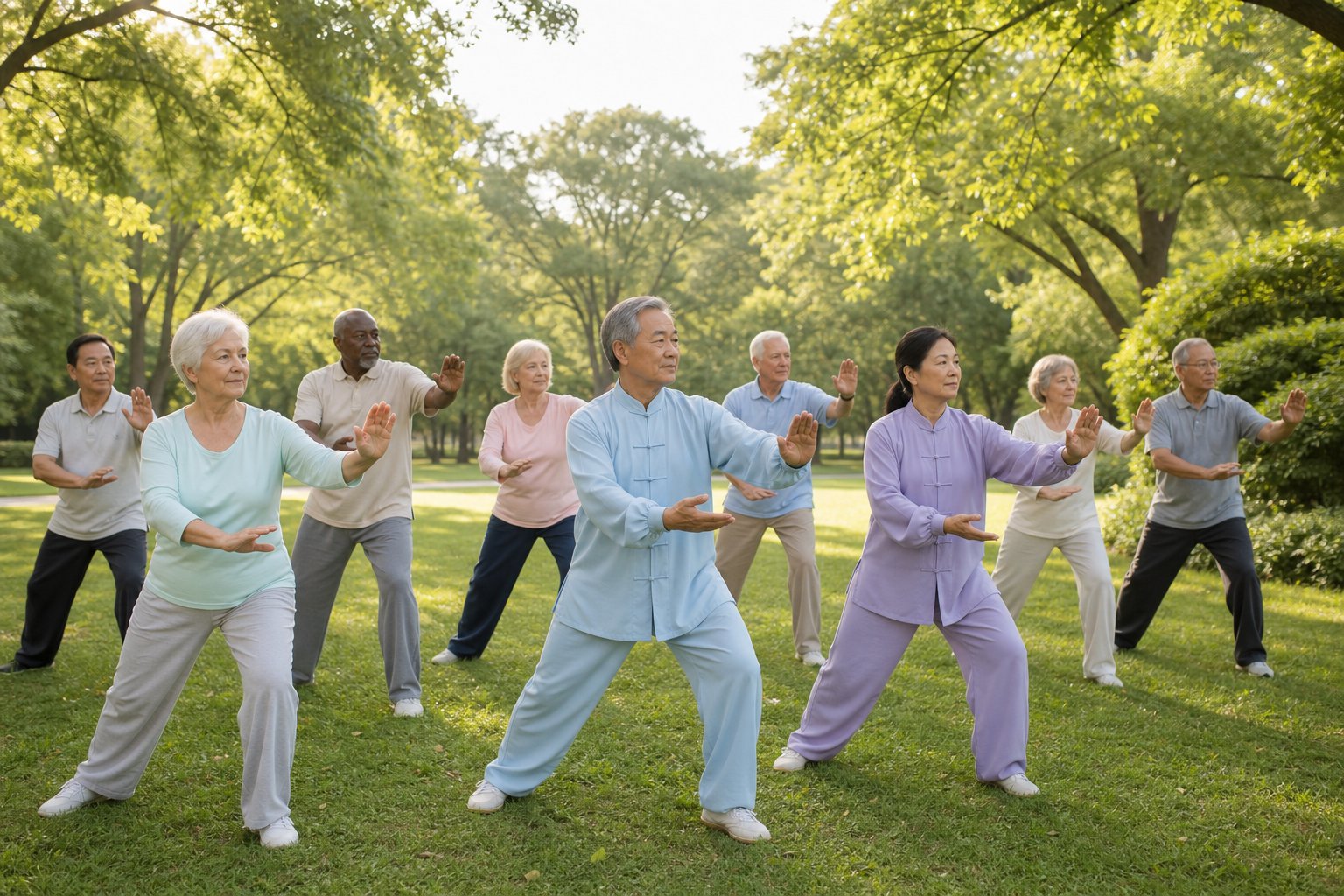 清晨公园里中老年人打太极拳