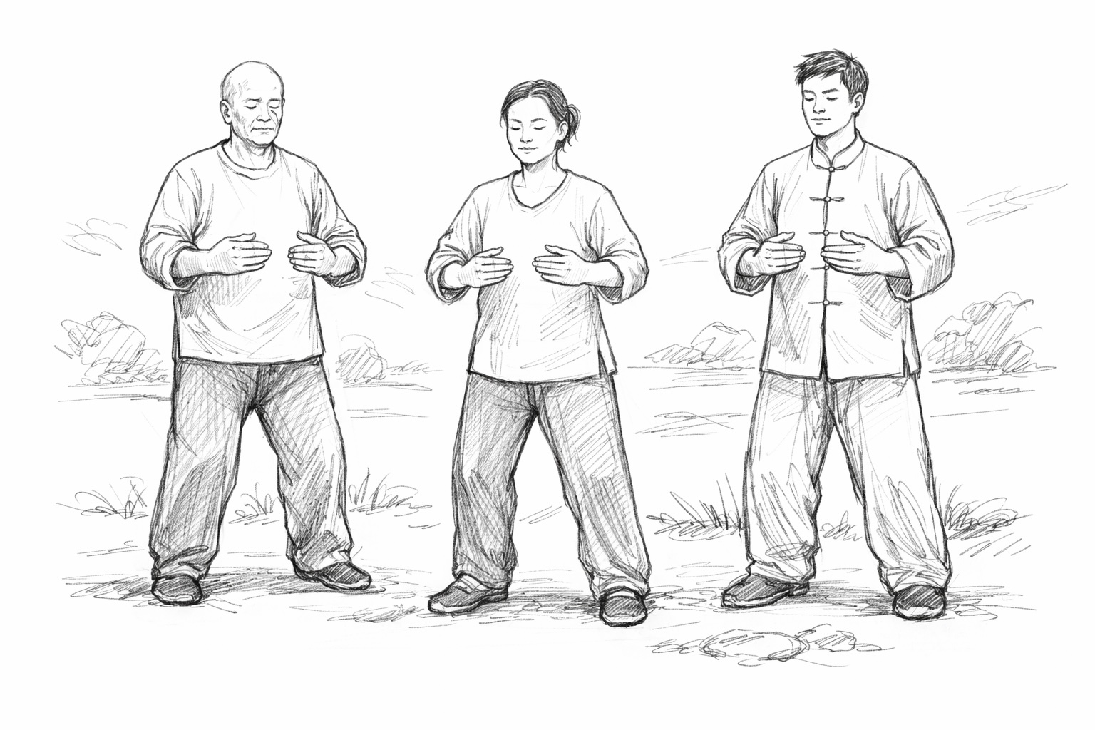 公园里练习站桩的人，双脚分开双手抱圆