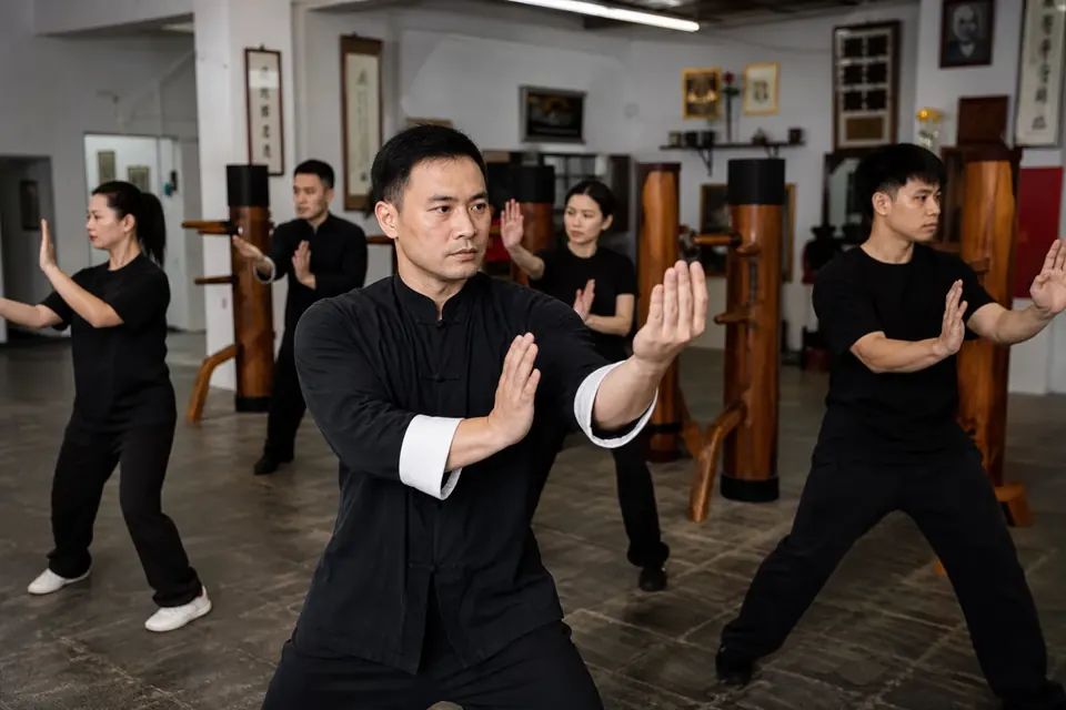 练习者正面站二字钳羊马，双脚内扣膝盖微屈示范