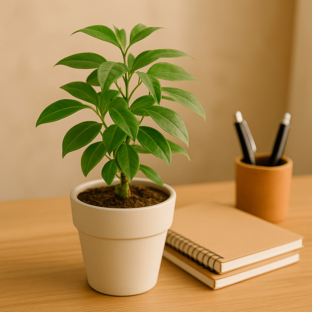 书桌一角有小盆绿植和笔架,简洁不杂乱
