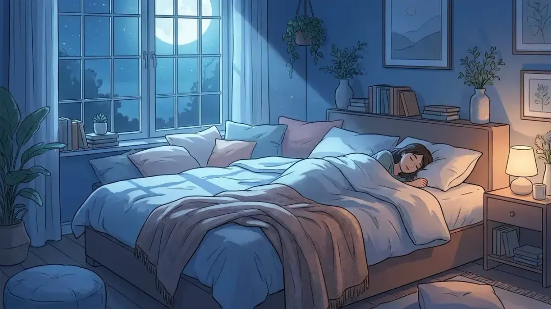 床头放着一盆温水和毛巾,夜灯调暗的睡前场景